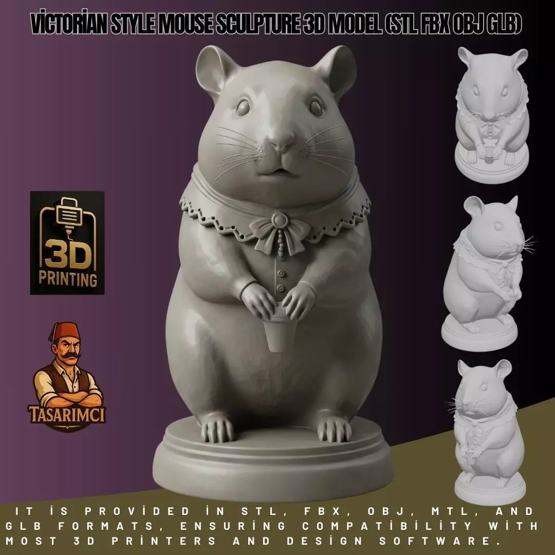 Victorian Style Mouse Sculpture 3D Model STL FBX OBJ GLB 3D print model_0