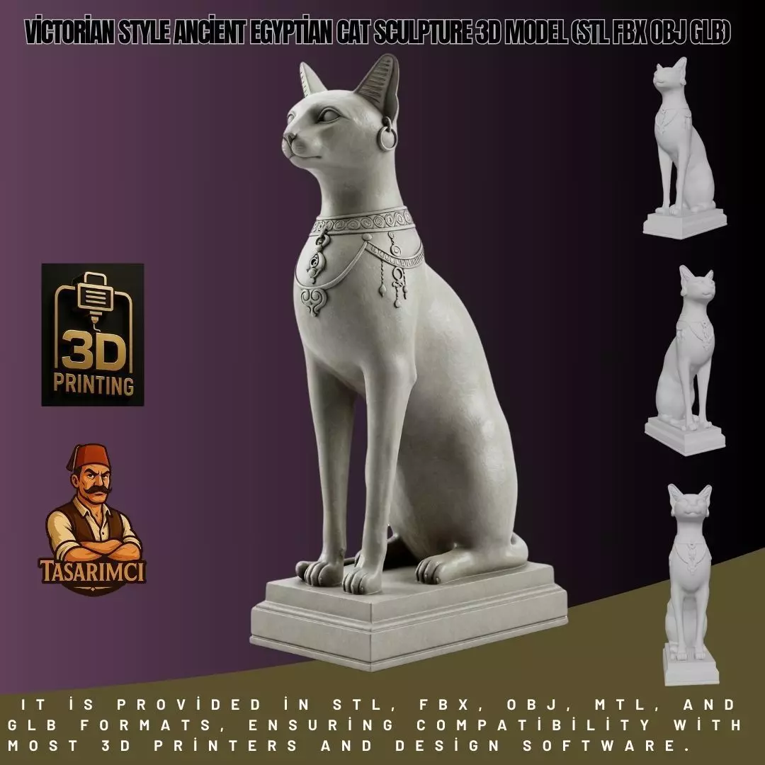 Victorian Style  Egyptian Cat Sculpture 3D Model STL FBX OBJ GLB 3D print model_0