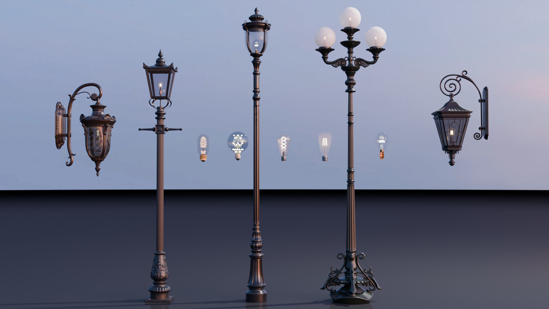 Old lamp posts and wall lamps and emissive vintage bulbs bundle 3D model_13
