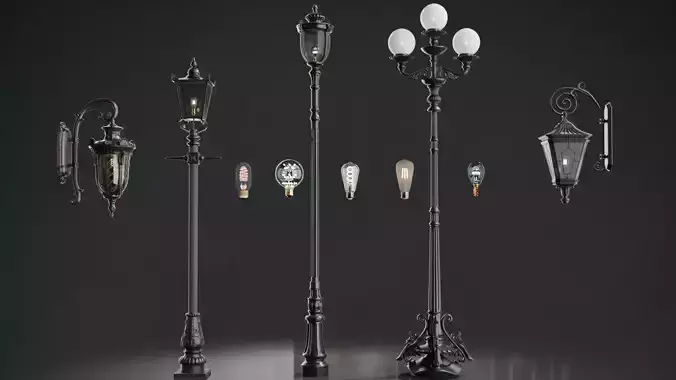 Old lamp posts and wall lamps and emissive vintage bulbs bundle