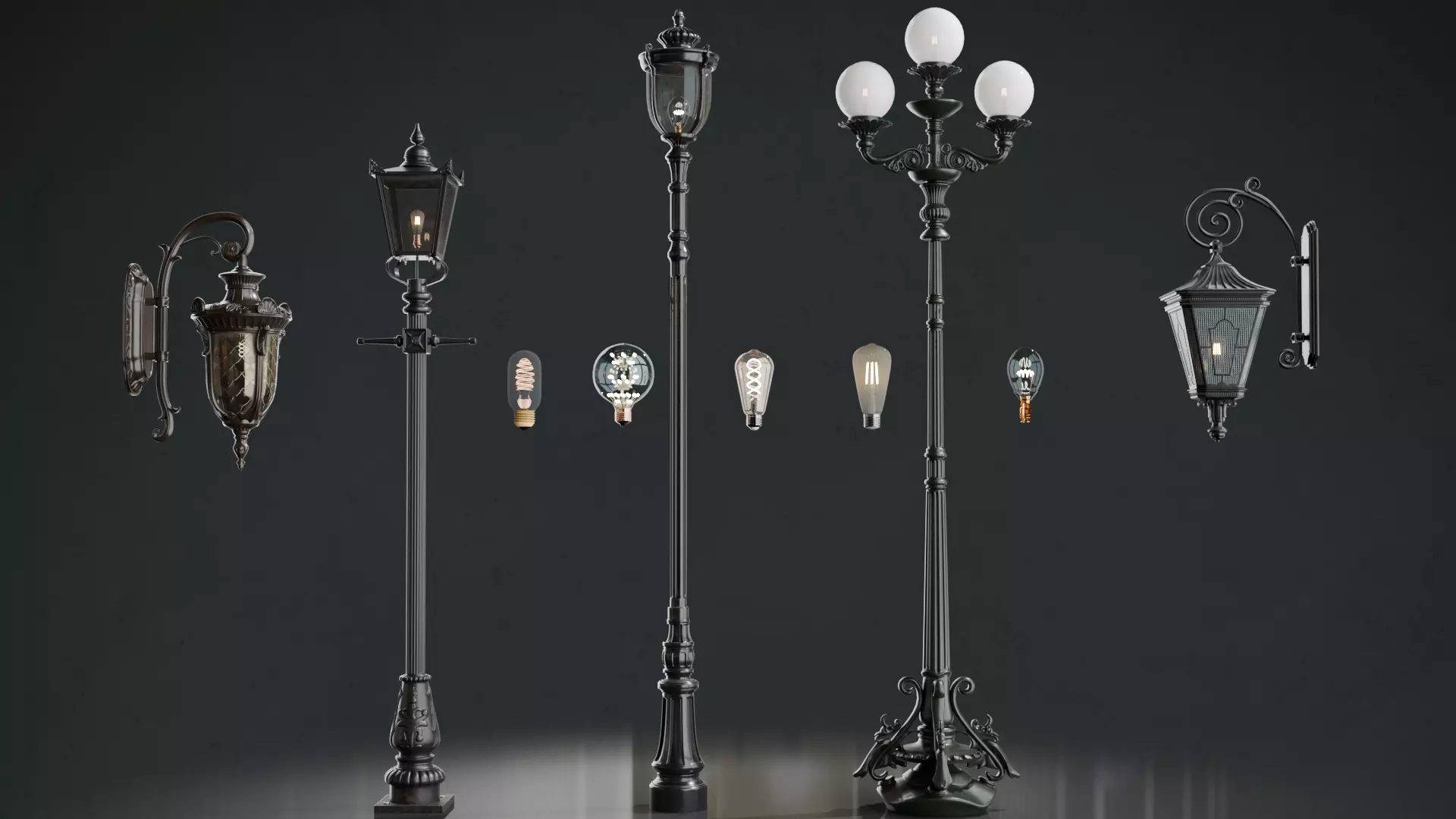 Old lamp posts and wall lamps and emissive vintage bulbs bundle 3D model_0