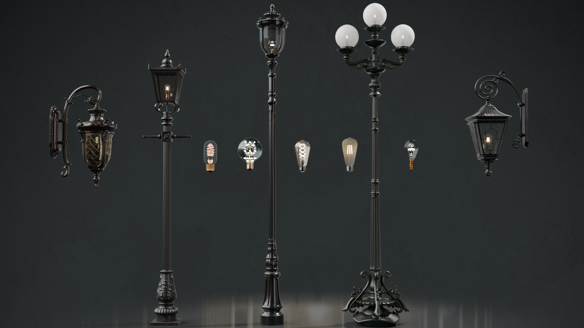 Old lamp posts and wall lamps and emissive vintage bulbs bundle 3D model_14