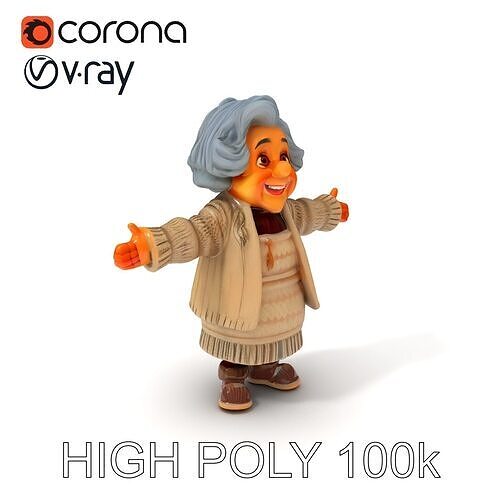 Charming Granny Character Model with Cozy Sweater and Warm Smile Low-poly 3D model