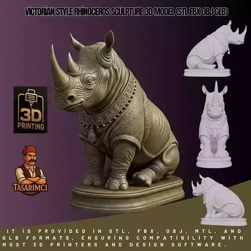 Victorian Style Rhinoceros Sculpture 3D Model STL FBX OBJ GLB