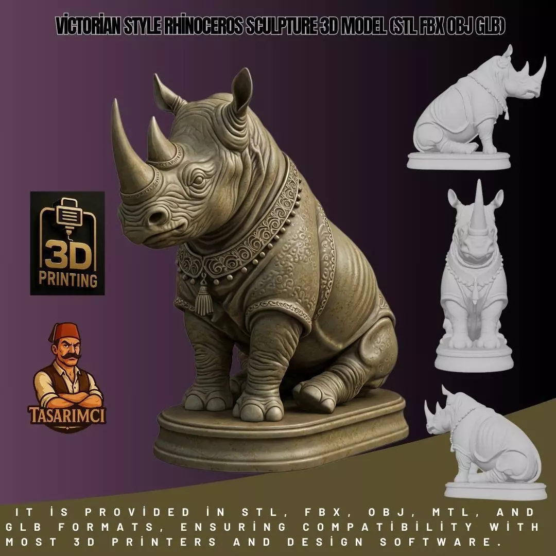 Victorian Style Rhinoceros Sculpture 3D Model STL FBX OBJ GLB 3D print model