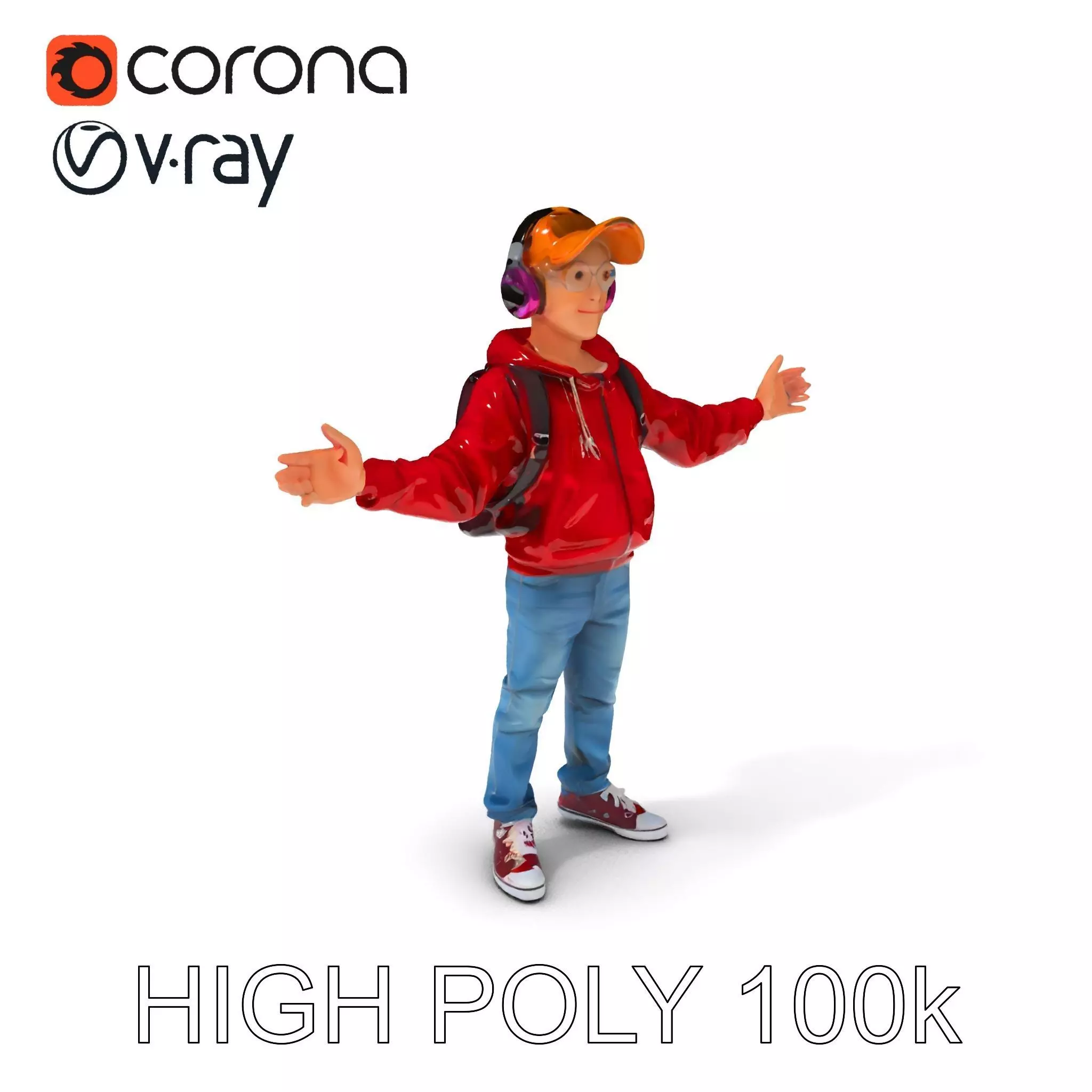 Hip Young Gamer Boy D Character Model in Casual Outfit with H... Low-poly 3D model