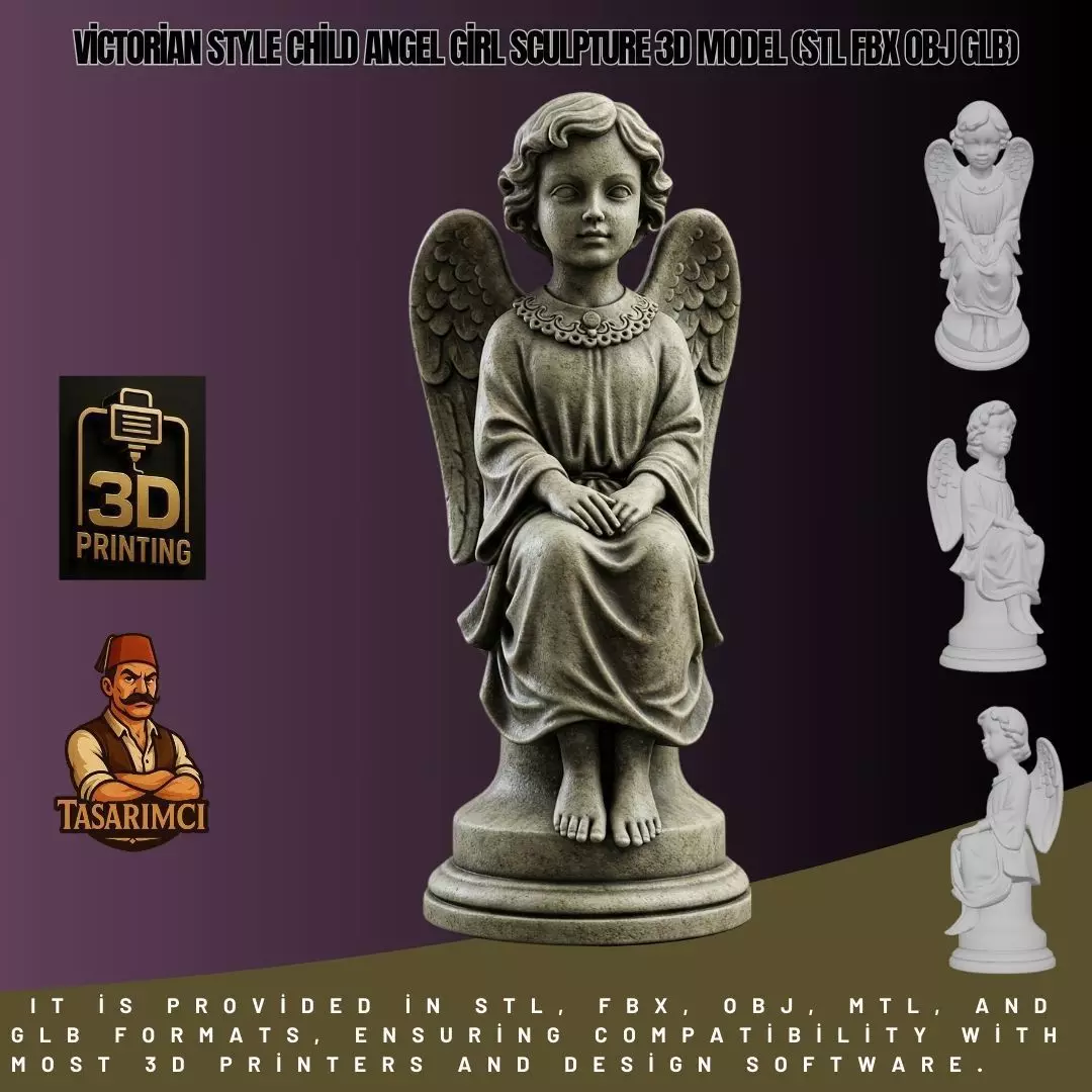 Victorian Style Child Angel Girl 3D Model STL FBX OBJ GLB 3D print model_0