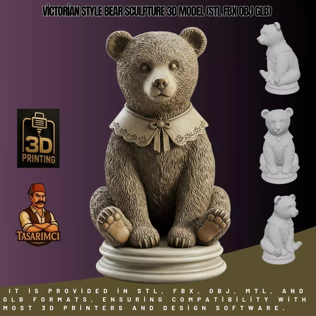 Victorian Style Bear Sculpture 3D Model STL FBX OBJ GLB 3D print model_0