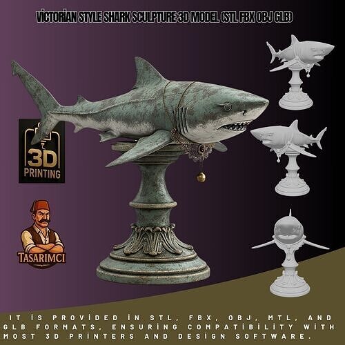 Victorian Style Shark Sculpture 3D Model STL FBX OBJ GLB 3D print model