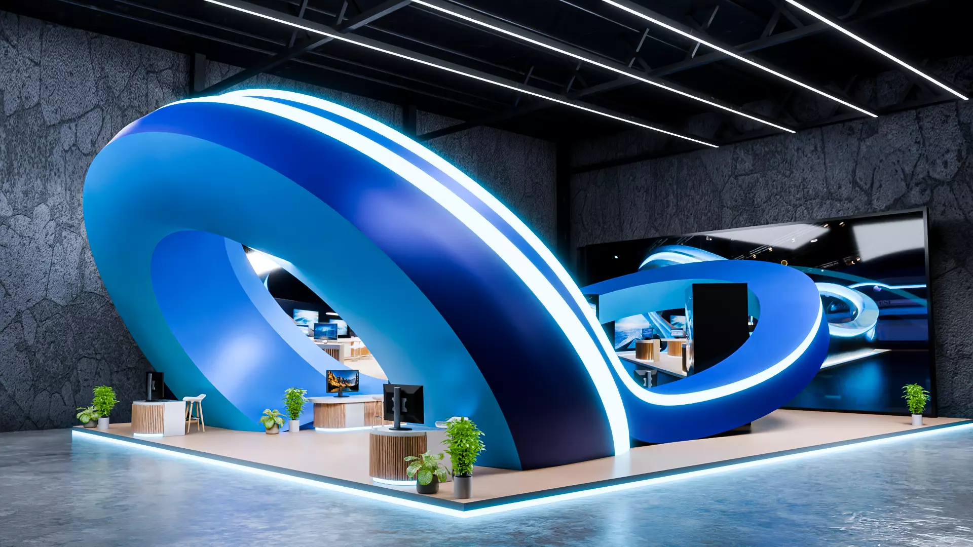 Futuristic 3D Exhibition Booth with Hall Setup 3D model 3D model_0