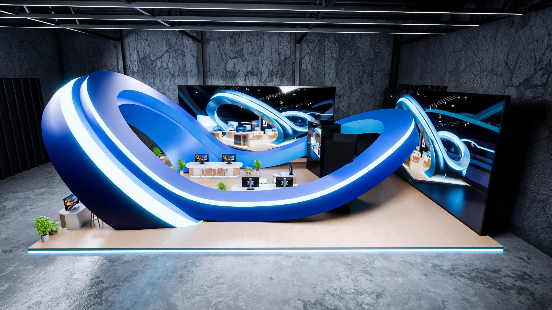 Futuristic 3D Exhibition Booth with Hall Setup 3D model 3D model_8