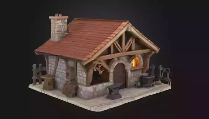 Stylized Fantasy Blacksmith Forge Game-Ready Building