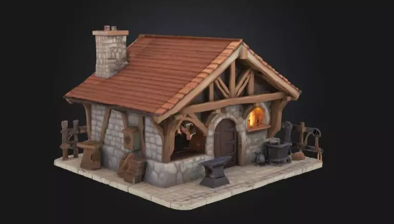 Stylized Fantasy Blacksmith Forge Game-Ready Building Low-poly 3D model_0