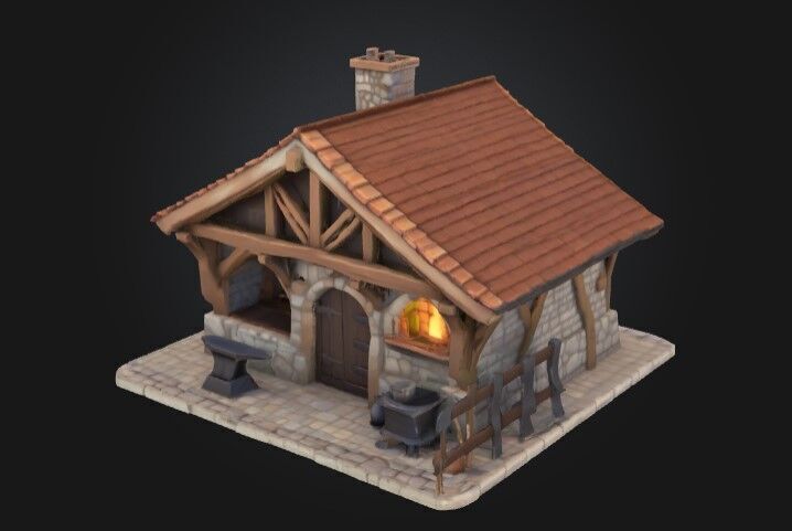 Stylized Fantasy Blacksmith Forge Game-Ready Building Low-poly 3D model_1