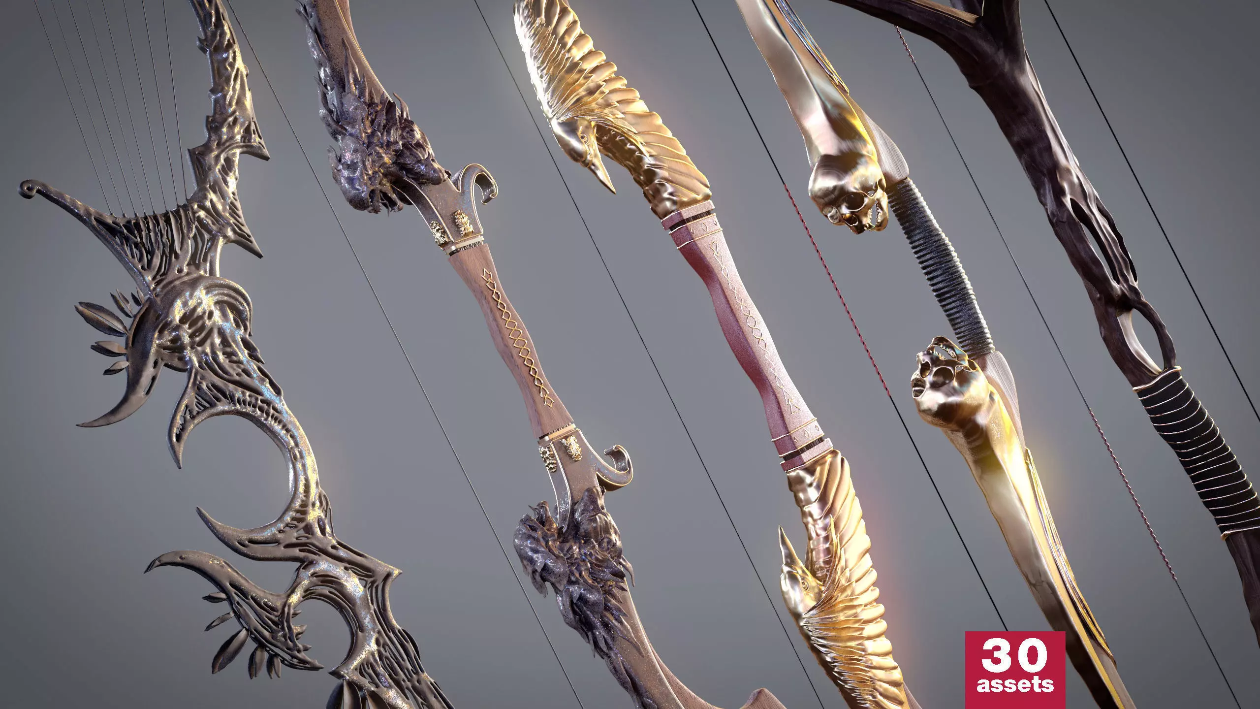 Fantasy Bow and Arrow Set High-poly and Game-Ready Low-poly 3D model_0