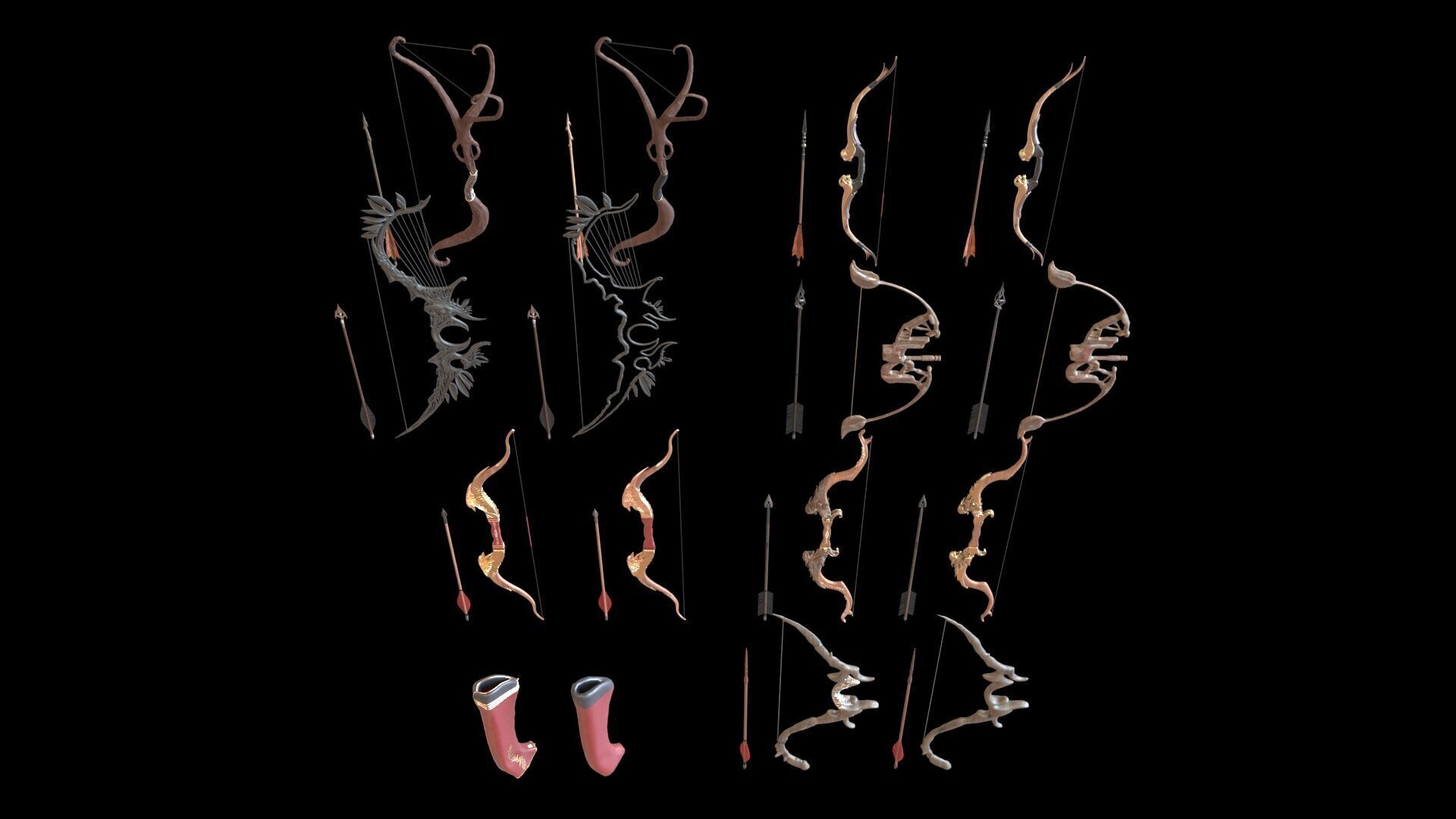 Fantasy Bow and Arrow Set High-poly and Game-Ready Low-poly 3D model_6
