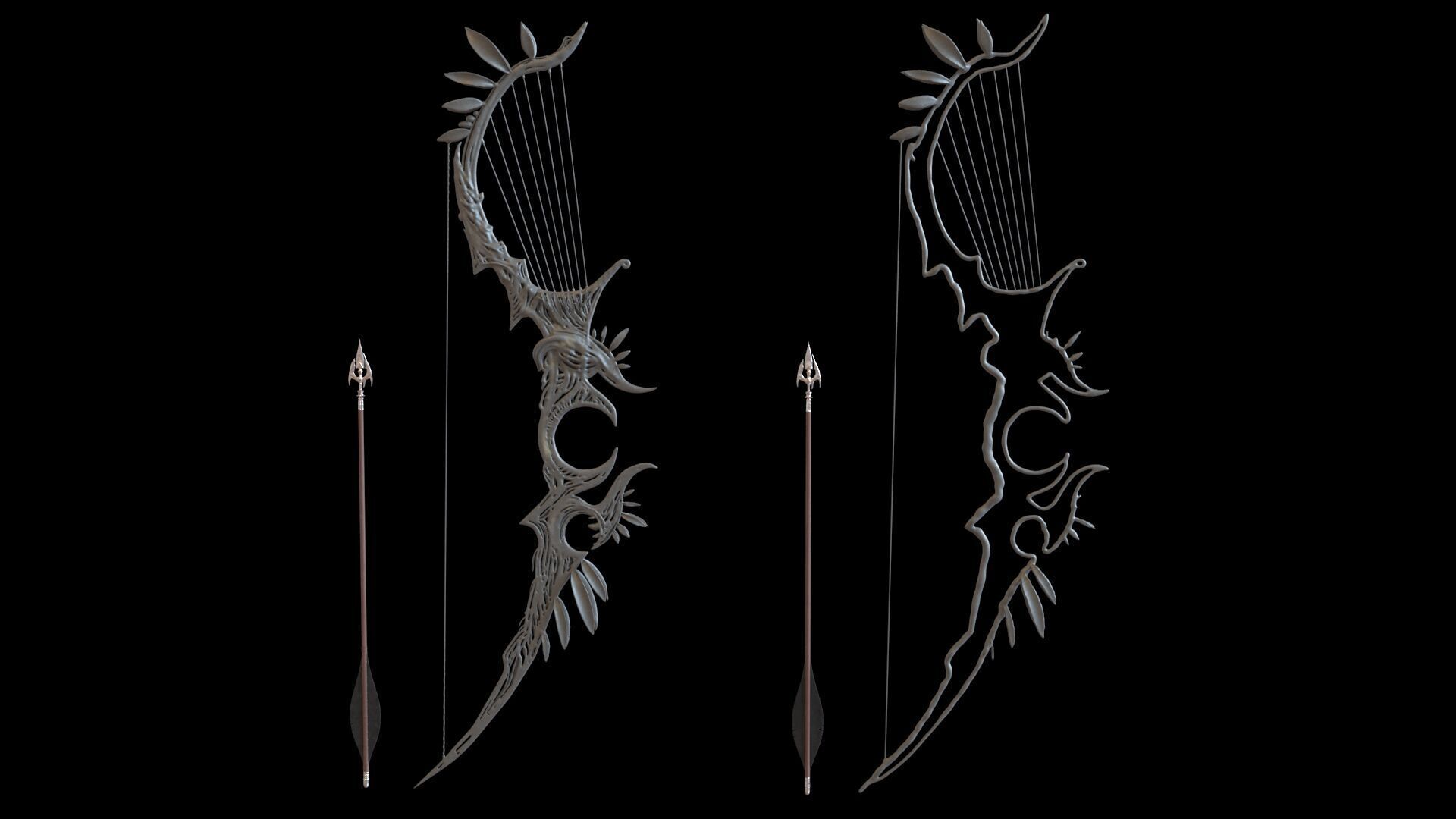 Fantasy Bow and Arrow Set High-poly and Game-Ready Low-poly 3D model_39