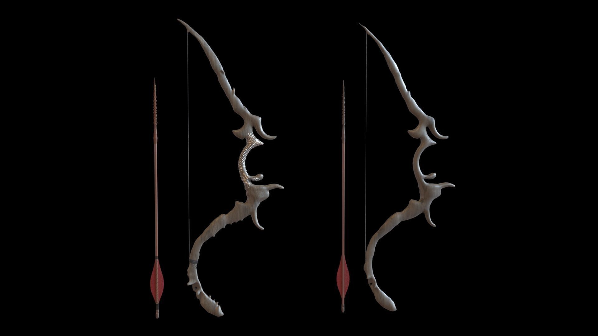 Fantasy Bow and Arrow Set High-poly and Game-Ready Low-poly 3D model_7