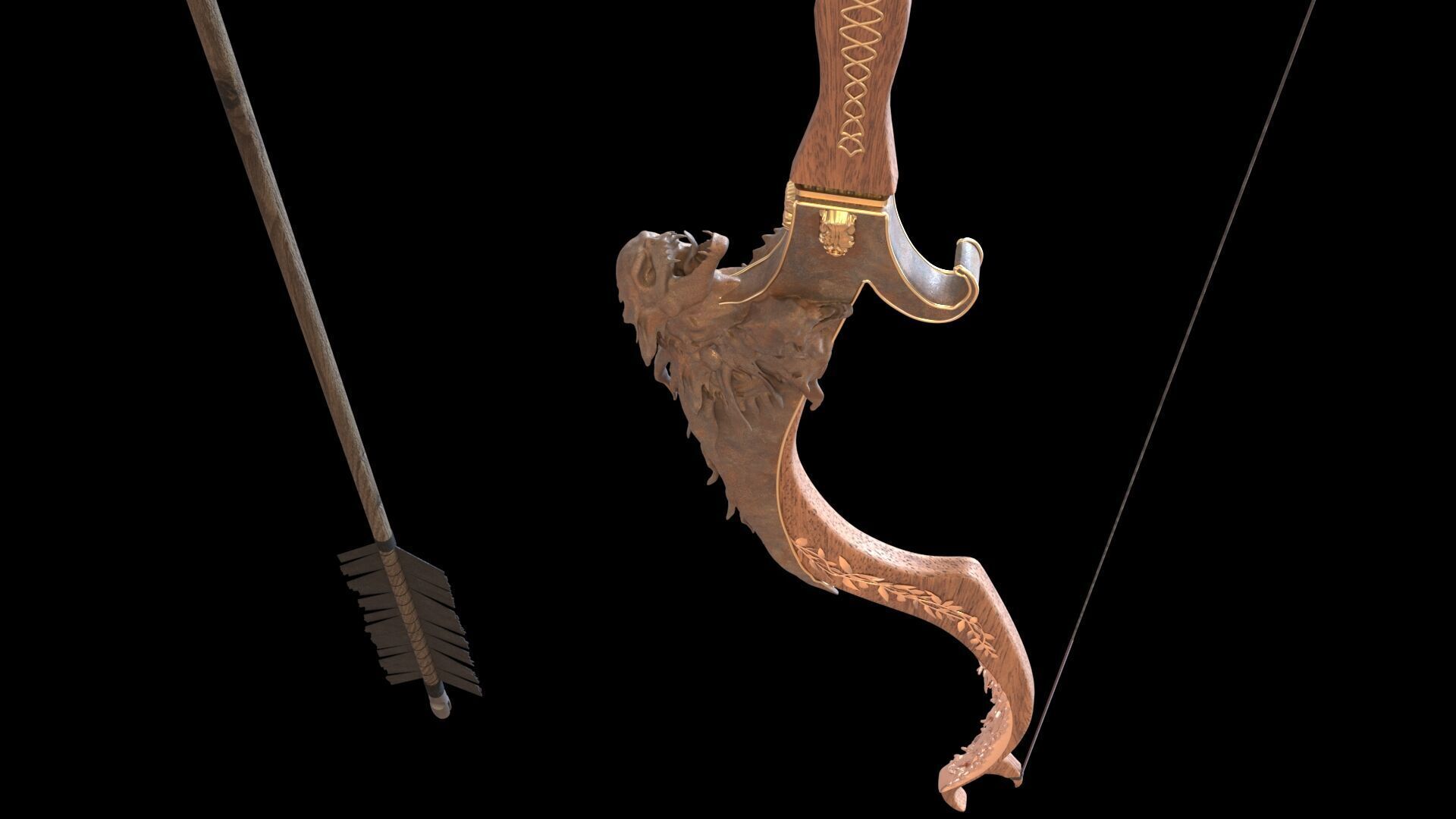 Fantasy Bow and Arrow Set High-poly and Game-Ready Low-poly 3D model_33