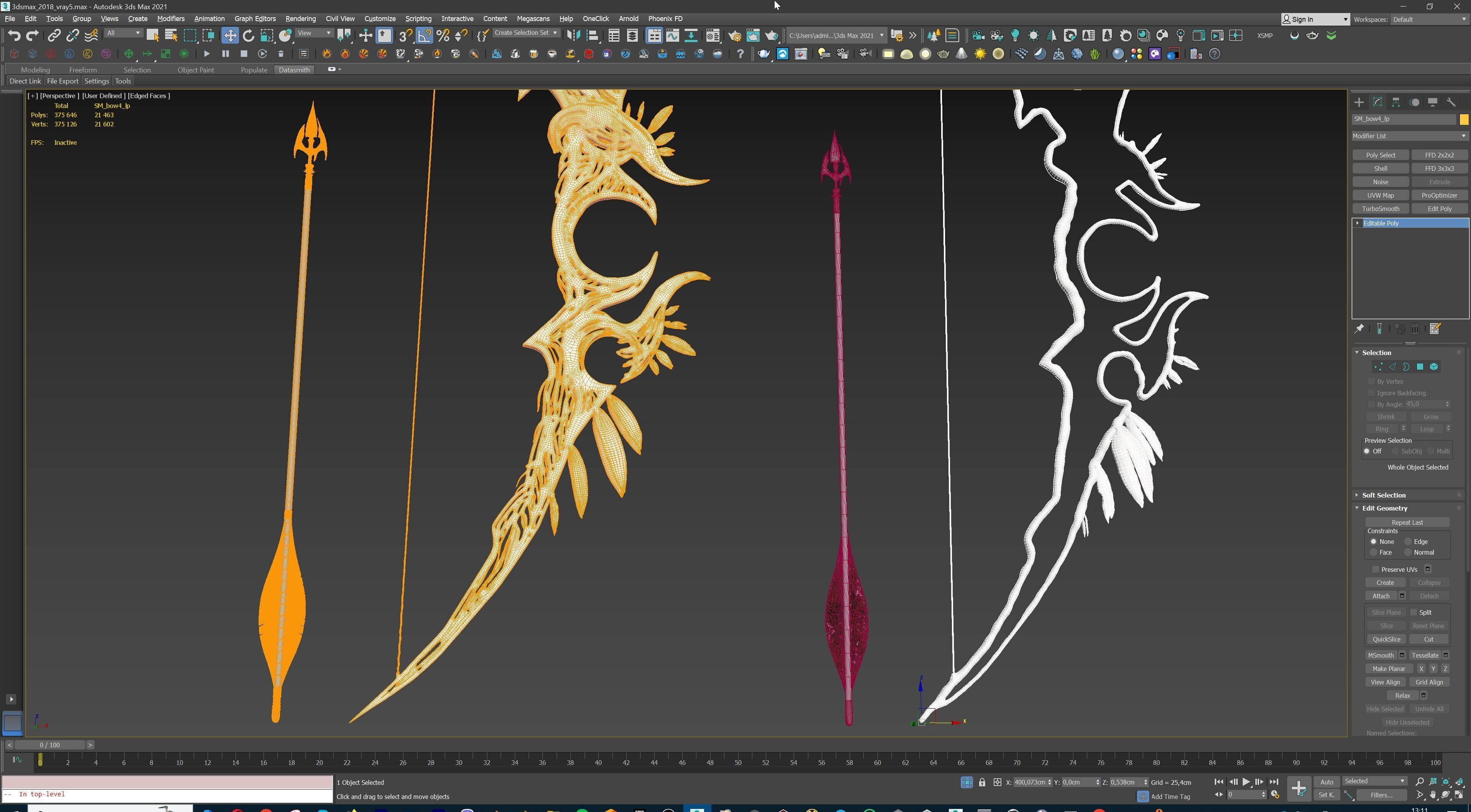 Fantasy Bow and Arrow Set High-poly and Game-Ready Low-poly 3D model_84