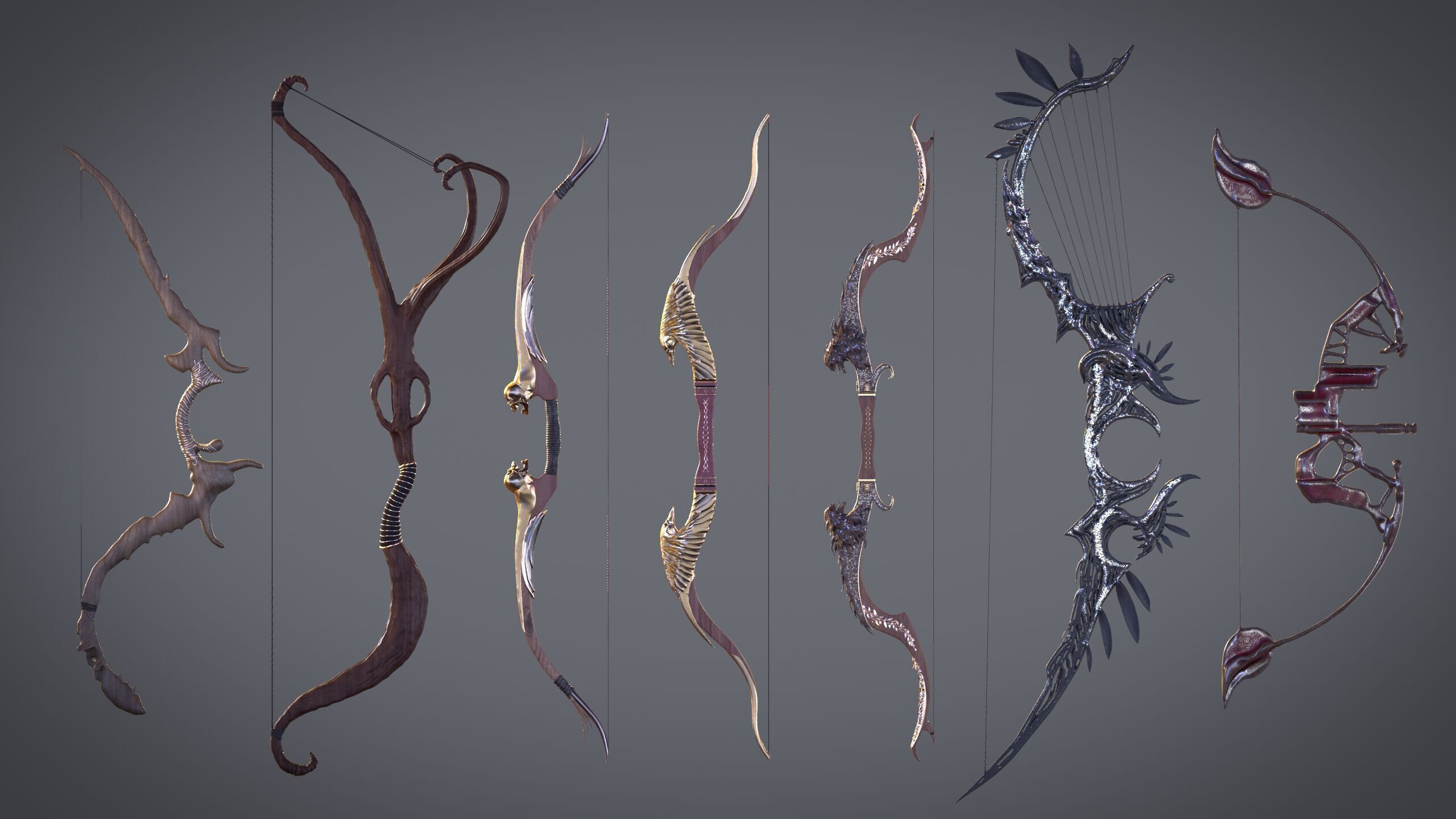 Fantasy Bow and Arrow Set High-poly and Game-Ready Low-poly 3D model_63
