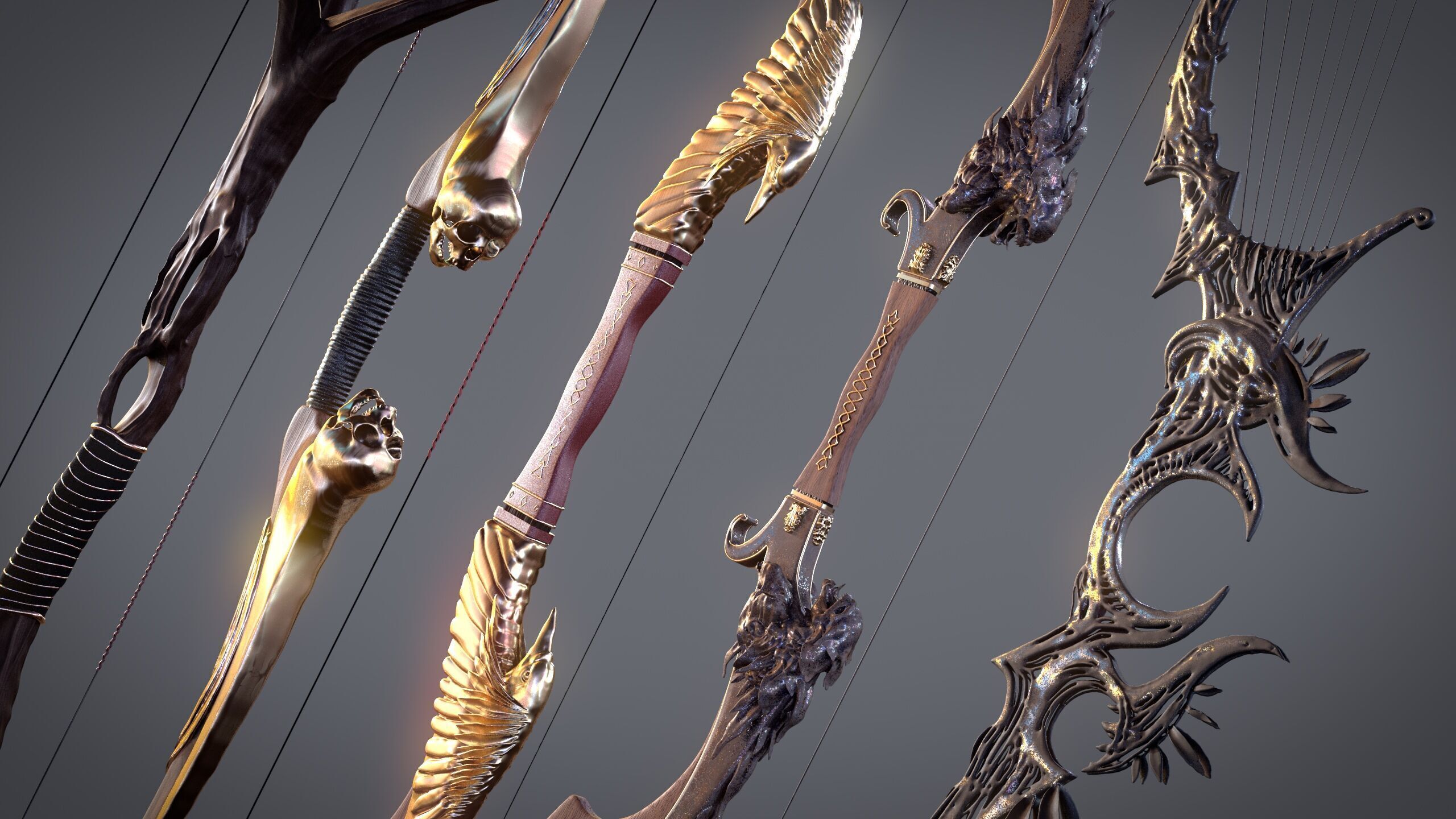 Fantasy Bow and Arrow Set High-poly and Game-Ready Low-poly 3D model_51
