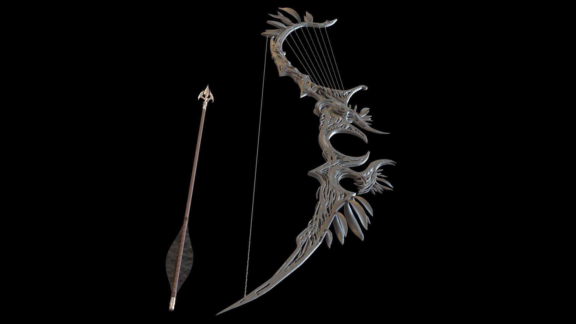 Fantasy Bow and Arrow Set High-poly and Game-Ready Low-poly 3D model_41