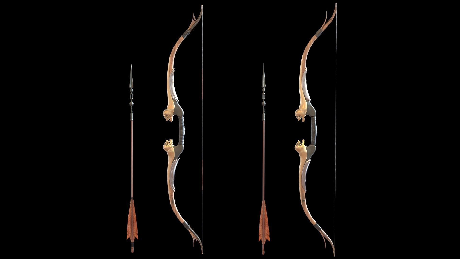Fantasy Bow and Arrow Set High-poly and Game-Ready Low-poly 3D model_20