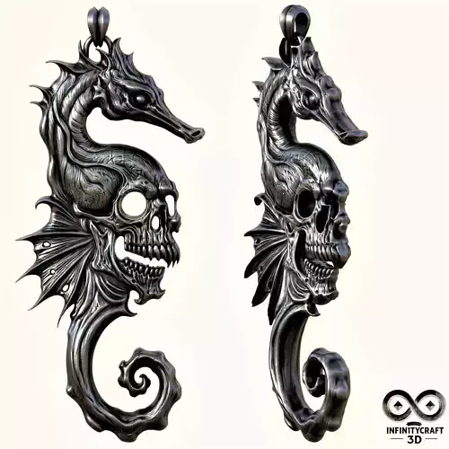 Seahorse Revenant  Gothic Skull Pendant  Wall Relief for CNC or