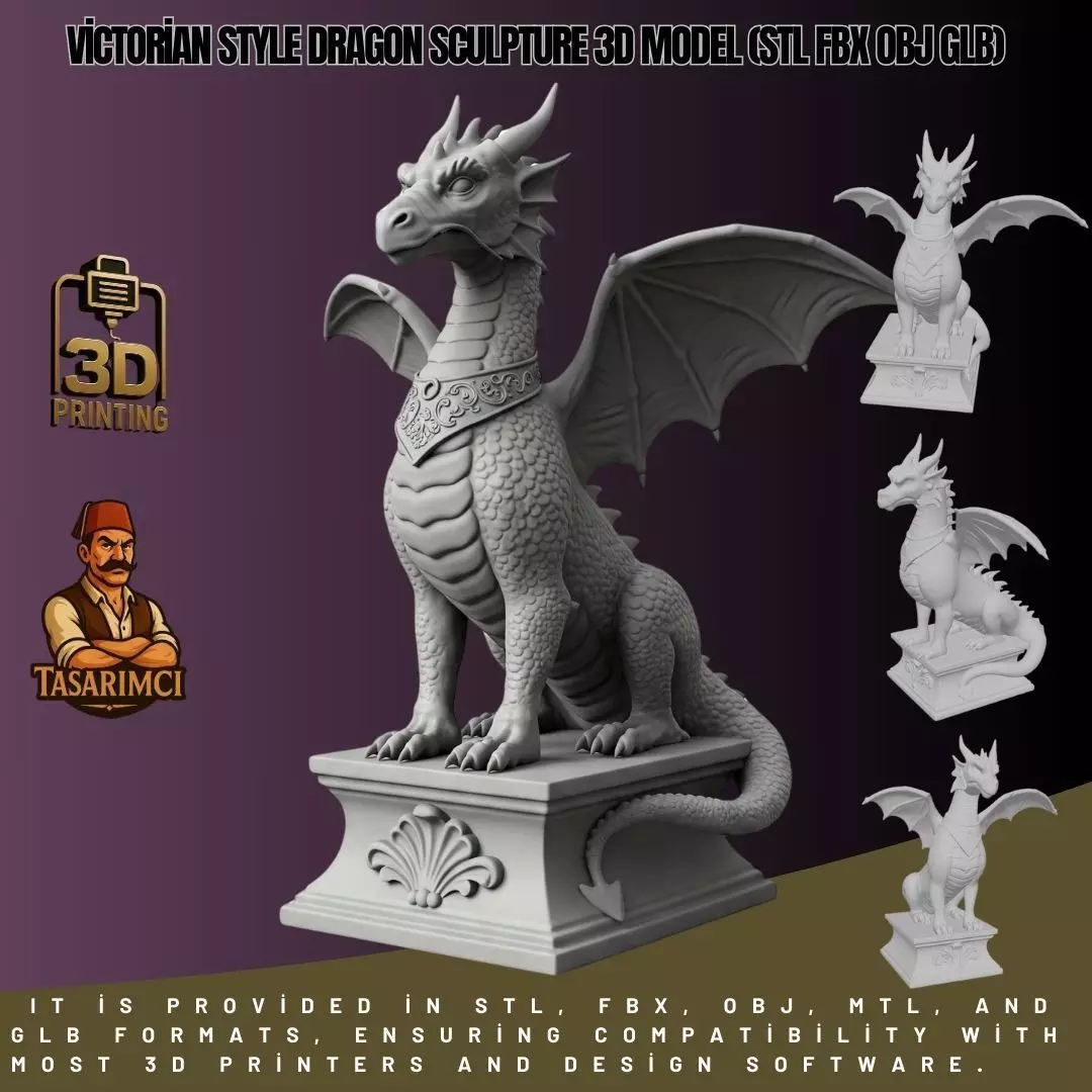 Victorian Style Dragon Sculpture 3D Model STL FBX OBJ GLB 3D print model_0