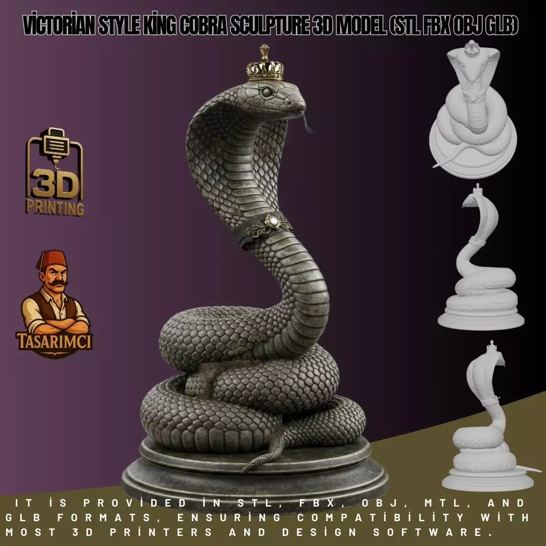 Victorian Style King Cobra Sculpture 3D Model STL FBX OBJ GLB 3D print model_0