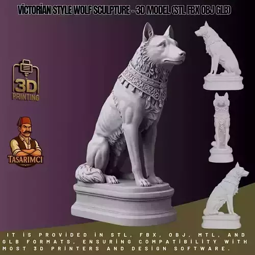 Victorian Style Wolf Sculpture 3D Model STL FBX OBJ GLB