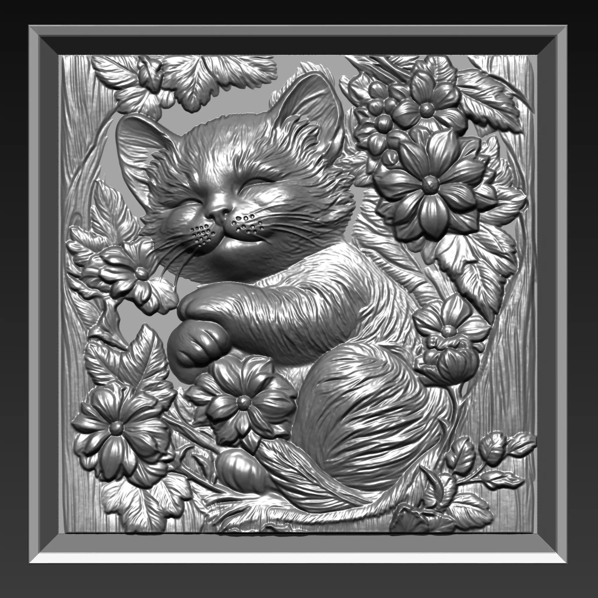 Sleeping Kitten and Flowers A70 3D print model