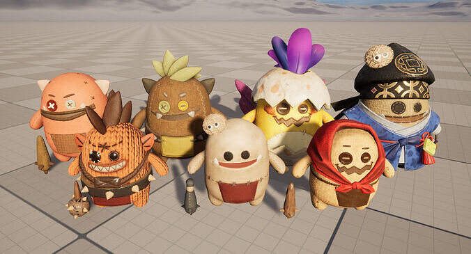 Seven stylized cartoon potatoes with skeletal skins Low-poly 3D model