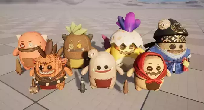 Seven stylized cartoon potatoes with skeletal skins