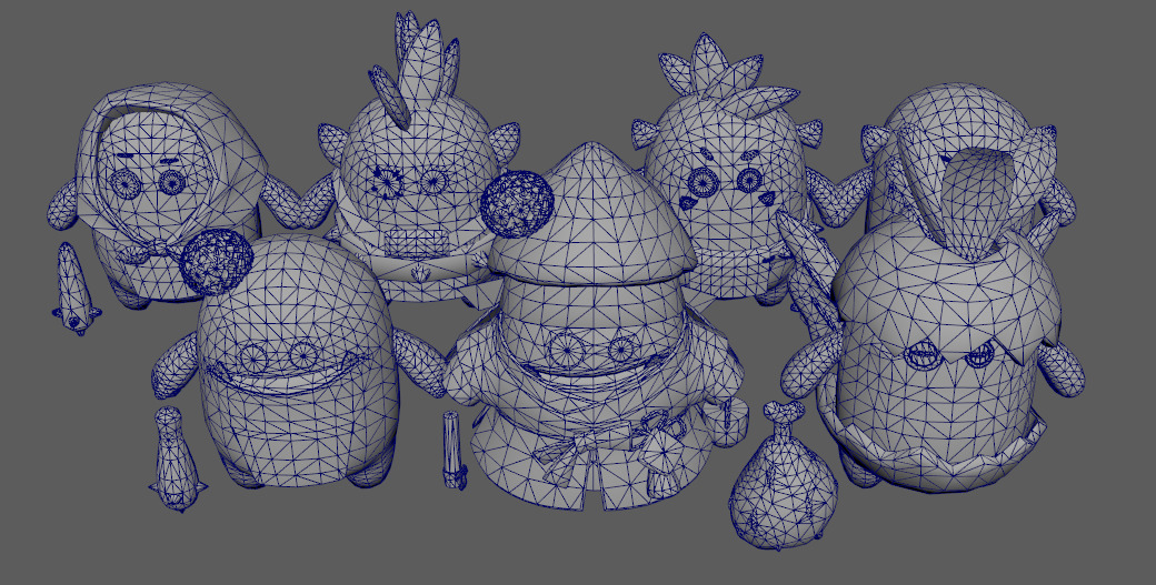 Seven stylized cartoon potatoes with skeletal skins Low-poly 3D model_10