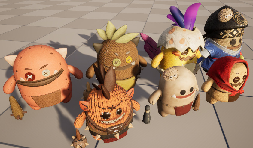 Seven stylized cartoon potatoes with skeletal skins Low-poly 3D model_1