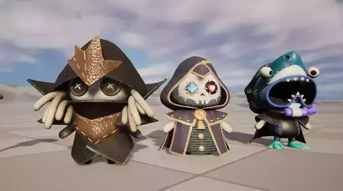 Three stylized cartoon Death Shark with skeleton skin