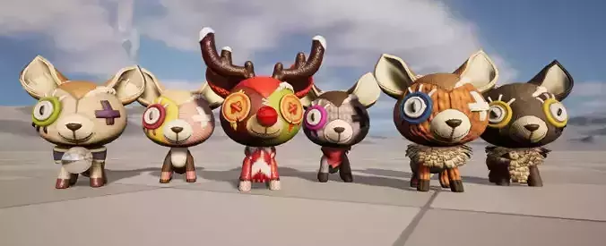 Six stylized cartoon wide eared foxes and deer  skeletal skin