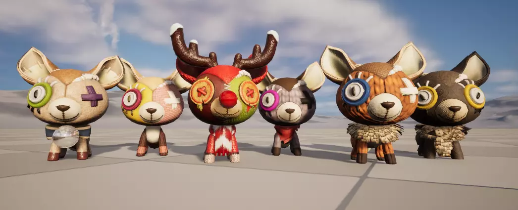 Six stylized cartoon wide eared foxes and deer  skeletal skin Low-poly 3D model_0