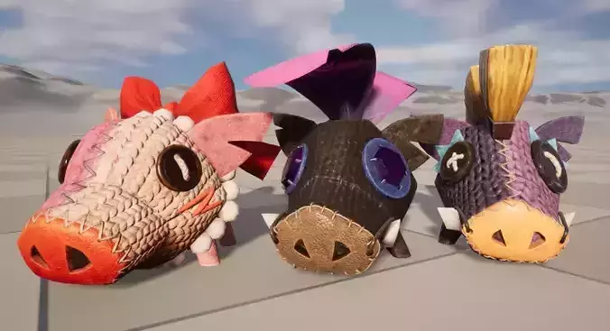 Three stylized piglets and porcupines with skeletal skin