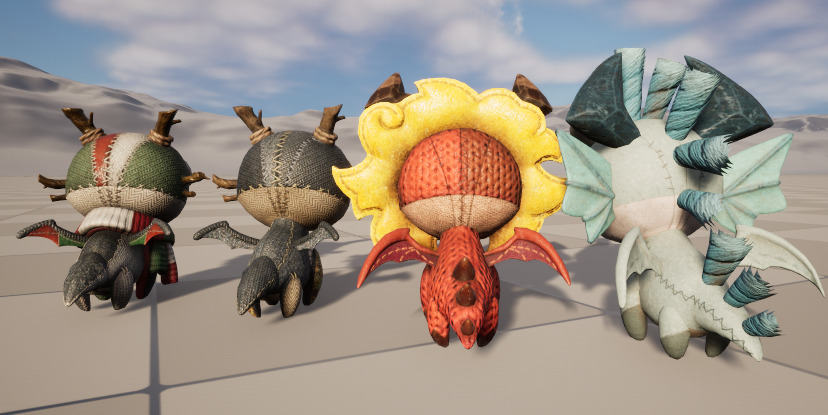 Four stylized small fire dragon dinosaurs with skeletal skin Low-poly 3D model_5