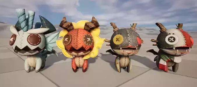 Four stylized small fire dragon dinosaurs with skeletal skin