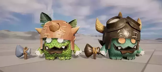 Two stylized goblin bosses with skeletal skins