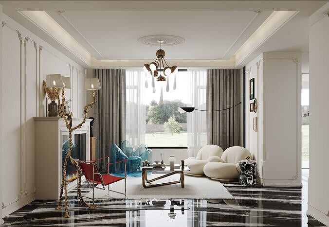 French villa interior scene 3D model 2