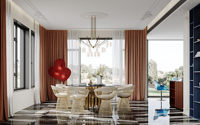 French villa interior scene 3D model 3