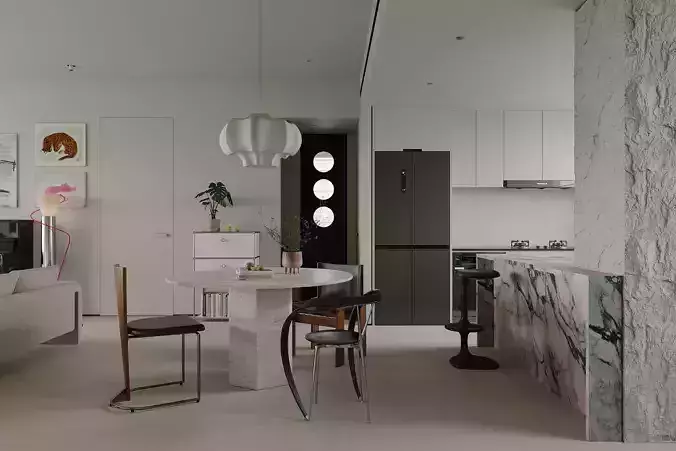 Modern living room dining room kitchen bedroom scene