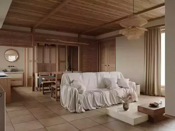 Wabi-sabi style interior living scene