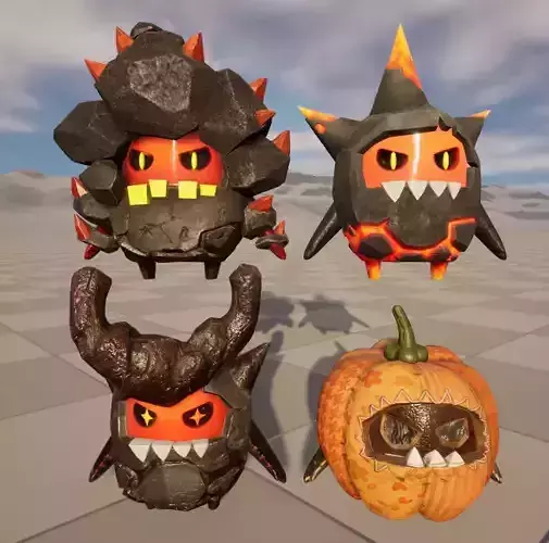 Four stylized puppets magma pumpkins  upgradable skeletal skins