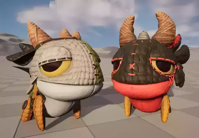 Two stylized puppets with quadrupedal dragon bones and skin